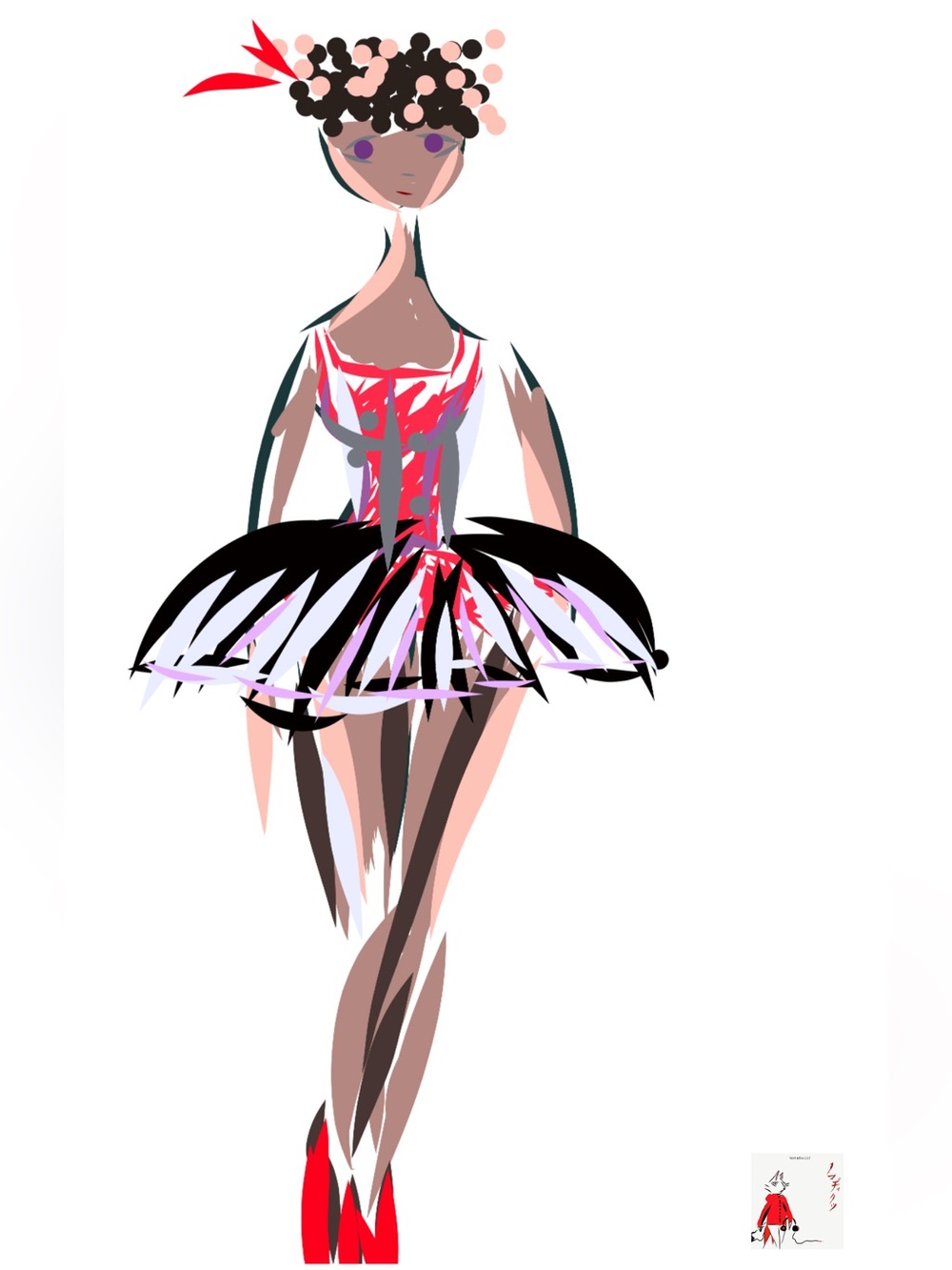 Stylized Ballerina hand sketched digital Art Print in Pink, Black and Red